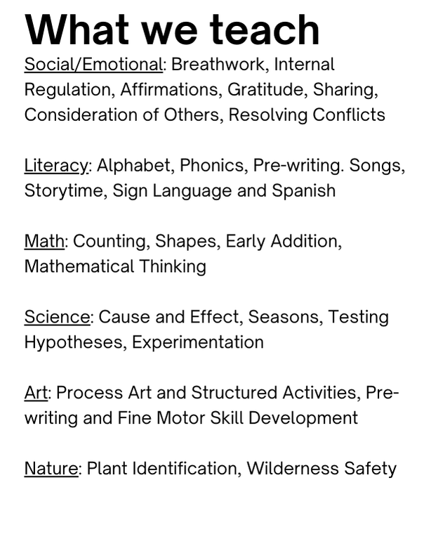 Description of what is taught at Pangea Forest School which includes social/emotional learning through affirmations and breathwork, literacy through songs and stories, math through counting and shapes, science through cause and effects and experimentation, art, and nature.