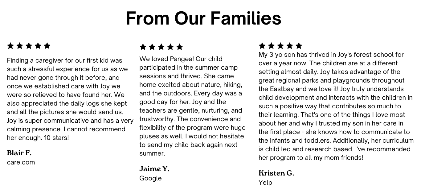 Positive 5-star reviews left by parents that have enrolled their children at Pangea Forest School.